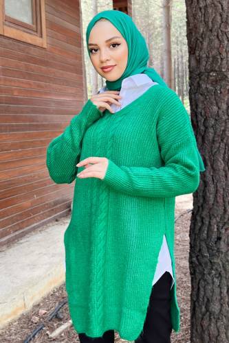 V Yaka Triko Tunik TSD220907 Yeşil - Tesettür Dünyası (1)