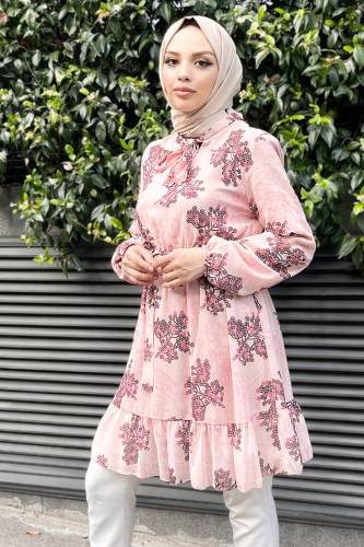 Yakası Bağlamalı Şifon Tunik TSD220807 Pembe - Tesettür Dünyası (1)