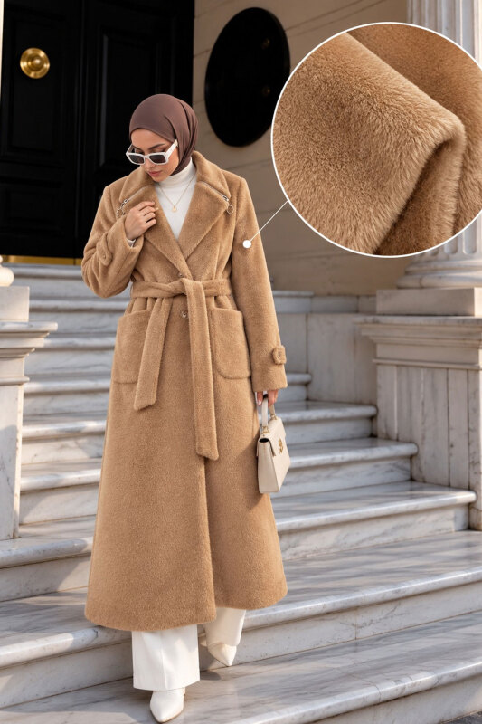Yakası Fermuar Detaylı Fox Kaban TSD260346 Camel - Tesettür Dünyası (1)