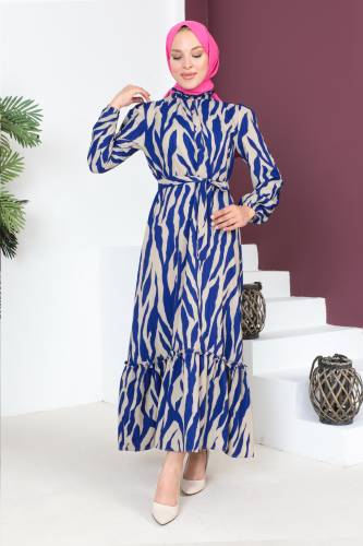 Yakası Fırfırlı Zebra Desenli Elbise TSD230725 Mavi 