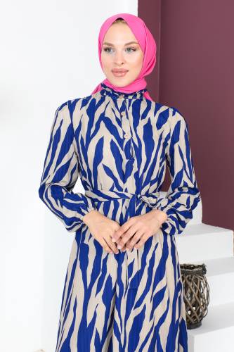 Yakası Fırfırlı Zebra Desenli Elbise TSD230725 Mavi - Tesettür Dünyası (1)