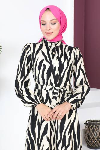 Yakası Fırfırlı Zebra Desenli Elbise TSD230725 Siyah - Tesettür Dünyası (1)
