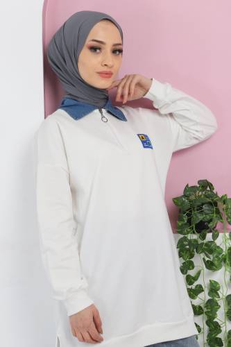 Yakası Kot Detaylı Sweatshirt TSD220415 Beyaz - Tesettür Dünyası (1)