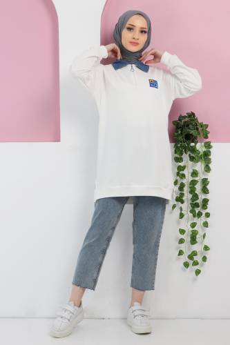 Yakası Kot Detaylı Sweatshirt TSD220415 Beyaz - Tesettür Dünyası