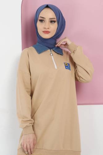 Yakası Kot Detaylı Sweatshirt TSD220415 Camel - Tesettür Dünyası