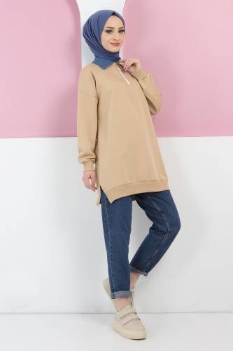 Yakası Kot Detaylı Sweatshirt TSD220415 Camel - Tesettür Dünyası (1)