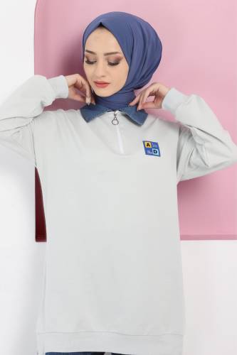 Yakası Kot Detaylı Sweatshirt TSD220415 Gri - Tesettür Dünyası