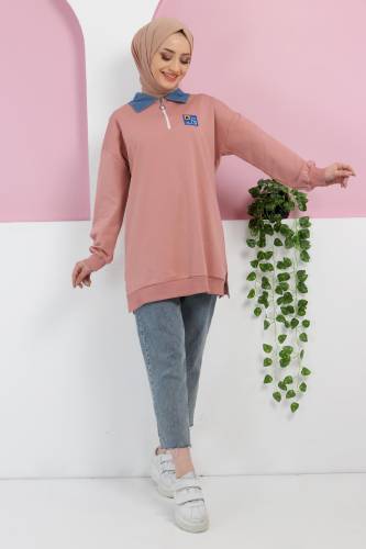 Yakası Kot Detaylı Sweatshirt TSD220415 Gül Kurusu - Tesettür Dünyası