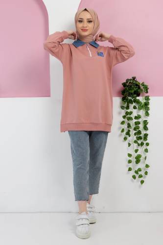 Yakası Kot Detaylı Sweatshirt TSD220415 Gül Kurusu - Tesettür Dünyası (1)
