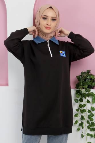 Yakası Kot Detaylı Sweatshirt TSD220415 Siyah - Tesettür Dünyası