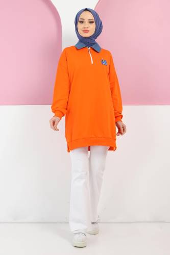 Yakası Kot Detaylı Sweatshirt TSD220415 Turuncu - Tesettür Dünyası