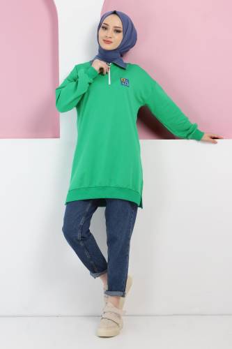 Yakası Kot Detaylı Sweatshirt TSD220415 Yeşil - Tesettür Dünyası