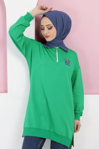 Yakası Kot Detaylı Sweatshirt TSD220415 Yeşil - Tesettür Dünyası (1)