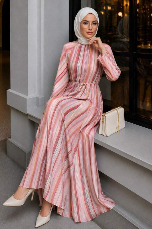 Yakası Lastikli Çizgili Elbise TSD260278 Pembe - 5