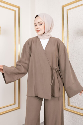 Yan Bağlamalı Kimono Takım TSD250200 Kahverengi - Tesettür Dünyası (1)