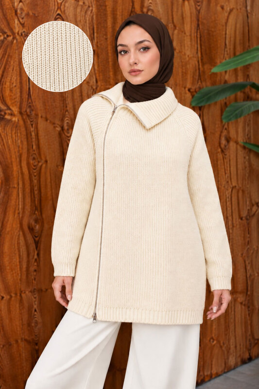 Yandan Fermuarlı Triko Kazak TSD260371 Bej - 2