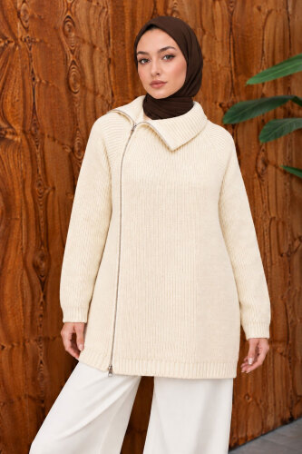 Yandan Fermuarlı Triko Kazak TSD260371 Bej - 4