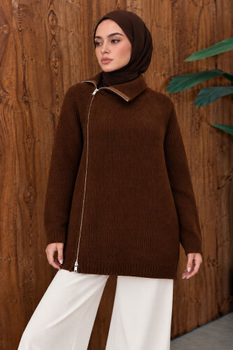Yandan Fermuarlı Triko Kazak TSD260371 Kahverengi - 3