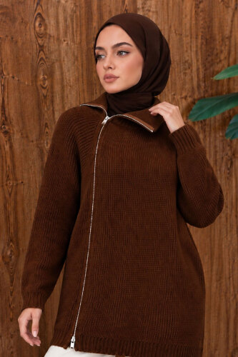 Yandan Fermuarlı Triko Kazak TSD260371 Kahverengi - 4