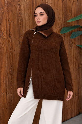 Yandan Fermuarlı Triko Kazak TSD260371 Kahverengi - 5