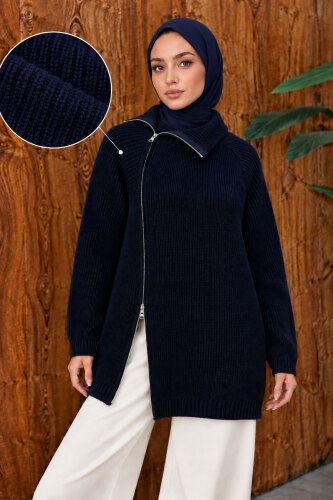 Yandan Fermuarlı Triko Kazak TSD260371 Lacivert - Tesettür Dünyası (1)