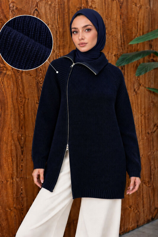 Yandan Fermuarlı Triko Kazak TSD260371 Lacivert - 2