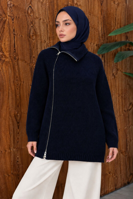 Yandan Fermuarlı Triko Kazak TSD260371 Lacivert - 3