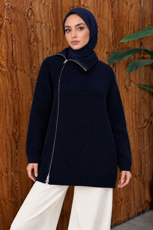 Yandan Fermuarlı Triko Kazak TSD260371 Lacivert - 5