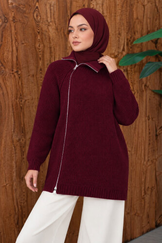 Yandan Fermuarlı Triko Kazak TSD260371 Mürdüm - 3