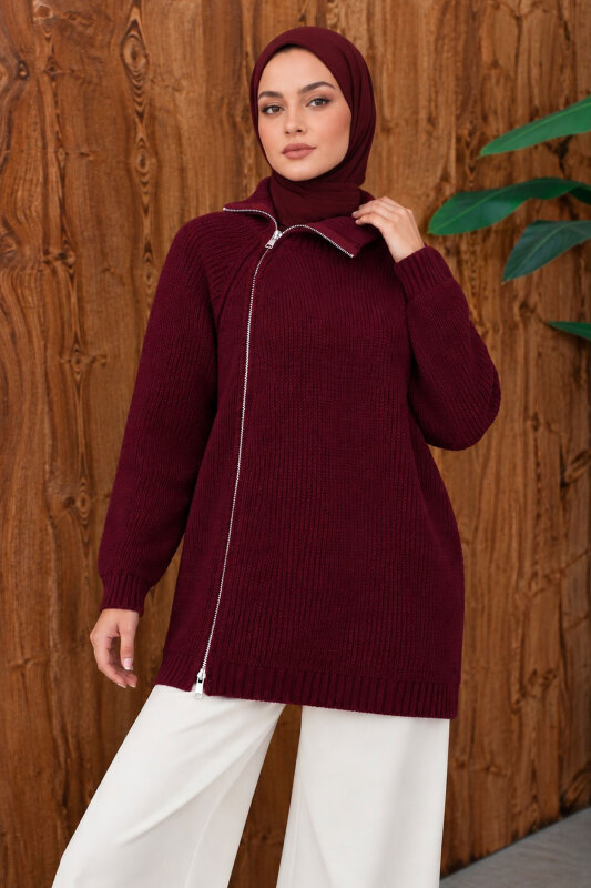 Yandan Fermuarlı Triko Kazak TSD260371 Mürdüm - 4
