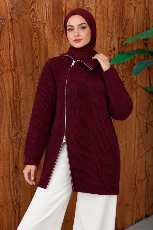 Yandan Fermuarlı Triko Kazak TSD260371 Mürdüm - Tesettür Dünyası