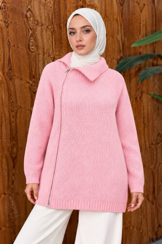 Yandan Fermuarlı Triko Kazak TSD260371 Pembe - 3