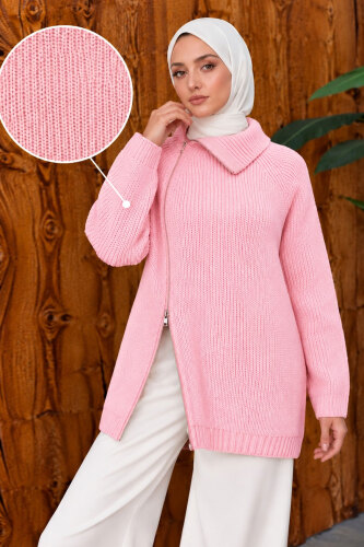 Yandan Fermuarlı Triko Kazak TSD260371 Pembe - Tesettür Dünyası (1)