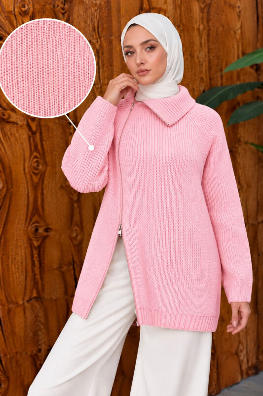 Yandan Fermuarlı Triko Kazak TSD260371 Pembe - 2