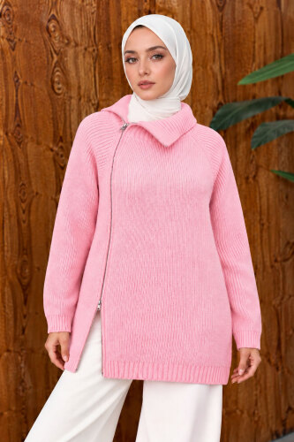 Yandan Fermuarlı Triko Kazak TSD260371 Pembe 