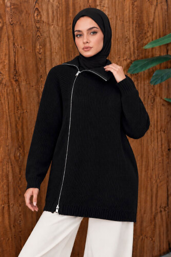 Yandan Fermuarlı Triko Kazak TSD260371 Siyah - 4