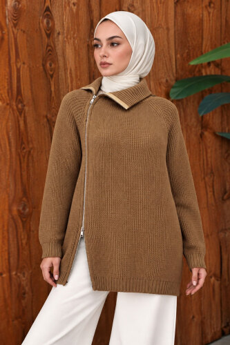 Yandan Fermuarlı Triko Kazak TSD260371 Vizon 