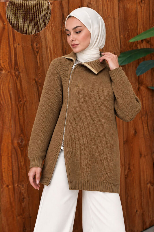 Yandan Fermuarlı Triko Kazak TSD260371 Vizon - 2
