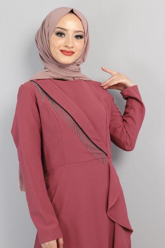 Yandan Fırfırlı Elbise TSD220435 Gül Kurusu - 2