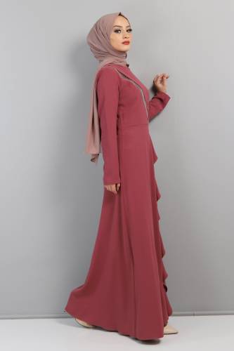 Yandan Fırfırlı Elbise TSD220435 Gül Kurusu - 3