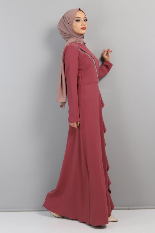 Yandan Fırfırlı Elbise TSD220435 Gül Kurusu - 3