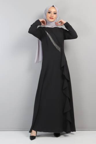 Yandan Fırfırlı Elbise TSD220435 Siyah 