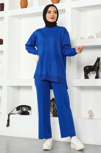 Yanları Yırtmaç Detaylı Triko Takım TSD221018 Saks Mavisi 
