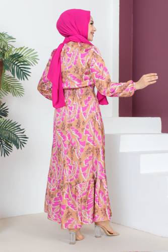 Yaprak Desenli Elbise TSD230610 Fuşya - 5