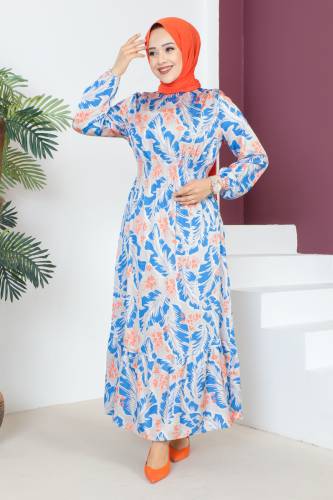 Yaprak Desenli Elbise TSD230610 Mavi 