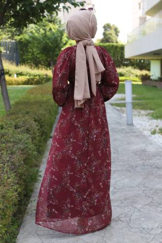 Yaprak Desenli Şifon Elbise TSD220537 Bordo - 5