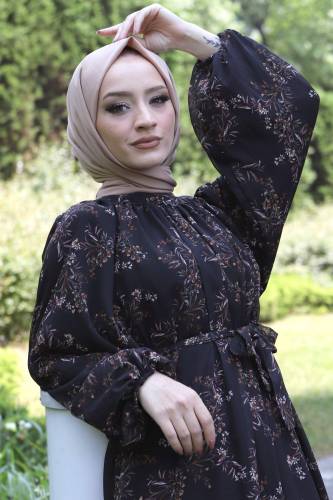 Yaprak Desenli Şifon Elbise TSD220537 Siyah - Tesettür Dünyası (1)