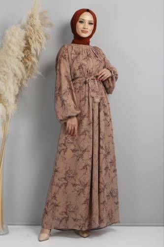 Yaprak Desenli Şifon Elbise TSD220537 Vizon 