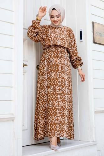 Yarasa Kol Beli Lastikli Desenli Viskon Elbise TSD240520 Camel 