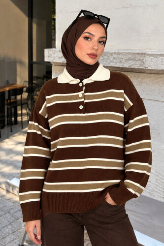 Yarım Düğmeli Çizgili Polo Yaka Kazak TSD260380 Kahverengi 